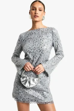 Mini Dresses|Long Sleeve Dresses*boohoo Flare Sleeve Tie Back Sequin Mini Dress silver