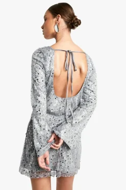 Mini Dresses|Long Sleeve Dresses*boohoo Flare Sleeve Tie Back Sequin Mini Dress silver