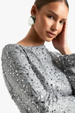Mini Dresses|Long Sleeve Dresses*boohoo Flare Sleeve Tie Back Sequin Mini Dress silver