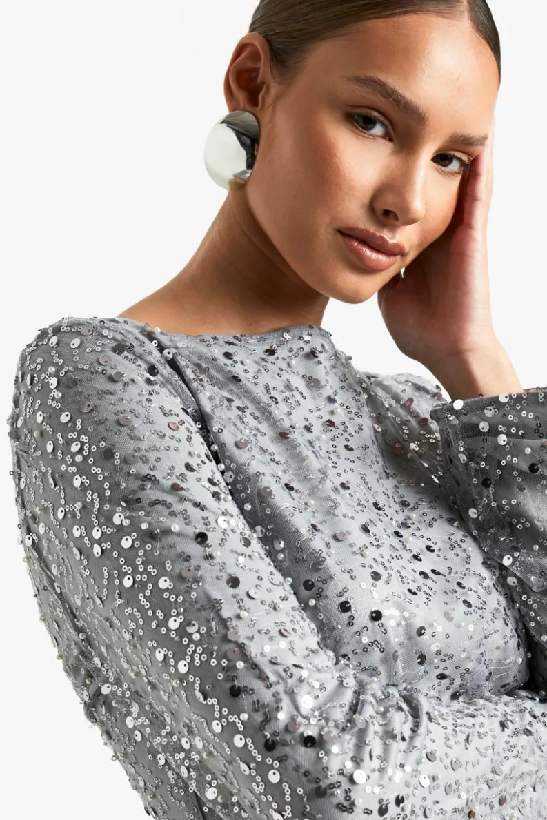 Mini Dresses|Long Sleeve Dresses*boohoo Flare Sleeve Tie Back Sequin Mini Dress silver