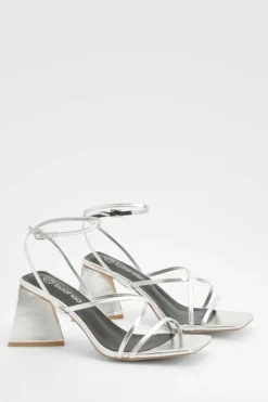 Sandals|Heels*boohoo Flared Heel Metallic Cross Strap Heeled Sandals silver