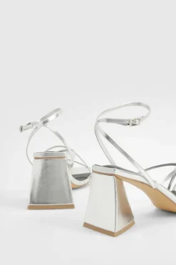 Sandals|Heels*boohoo Flared Heel Metallic Cross Strap Heeled Sandals silver