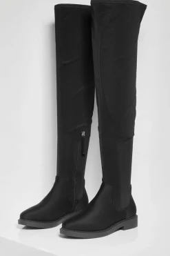 Over The Knee Boots|Flat Boots*boohoo Flat Stretch Over The Knee Boots black