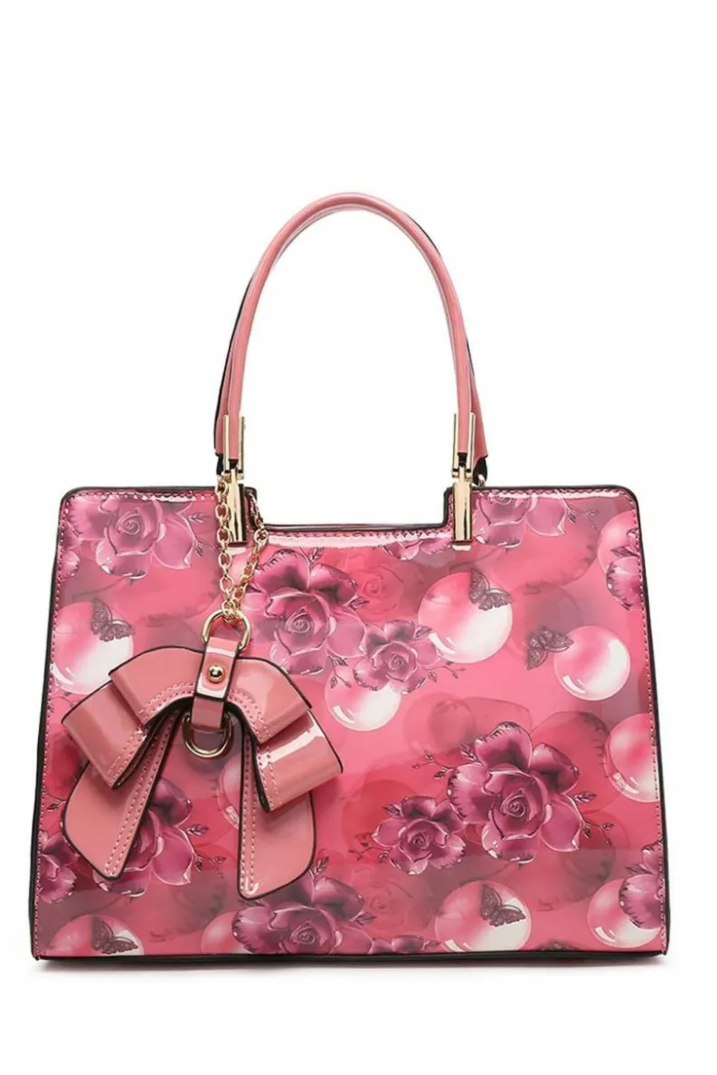 Shoulder Bags|Tote Bags*Kitise Flor Bow Charm Patent Leather Floral Print Tote Shoulder Bag Pink