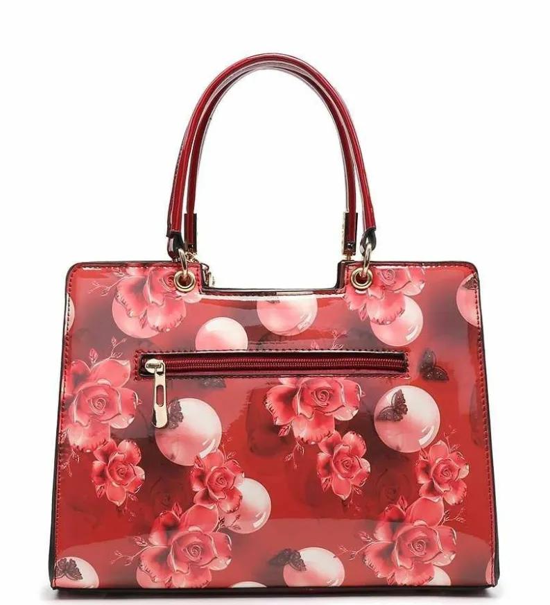 Shoulder Bags|Tote Bags*Kitise Flor Bow Charm Patent Leather Floral Print Tote Shoulder Bag Pink