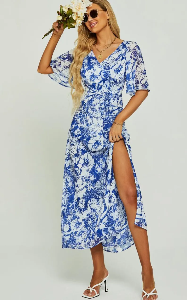Wrap Dresses*FS Collection Flora Print Angel Sleeve Wrap Split Midi Dress In Blue