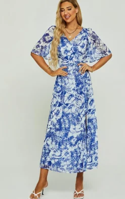 Wrap Dresses*FS Collection Flora Print Angel Sleeve Wrap Split Midi Dress In Blue