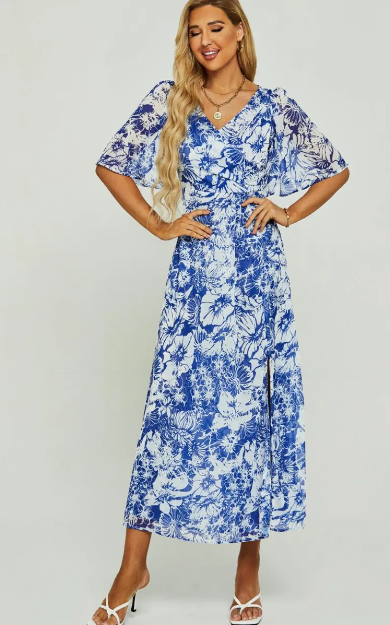 Wrap Dresses*FS Collection Flora Print Angel Sleeve Wrap Split Midi Dress In Blue