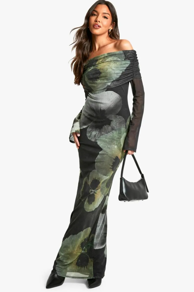 Maxi Dresses*boohoo Floral Bardot Mesh Maxi Dress green