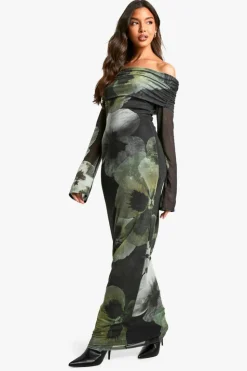 Maxi Dresses*boohoo Floral Bardot Mesh Maxi Dress green