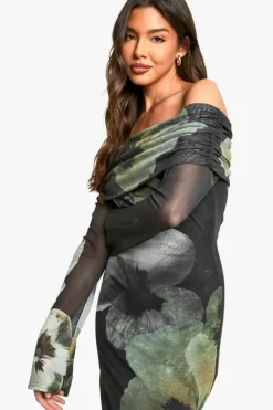 Maxi Dresses*boohoo Floral Bardot Mesh Maxi Dress green