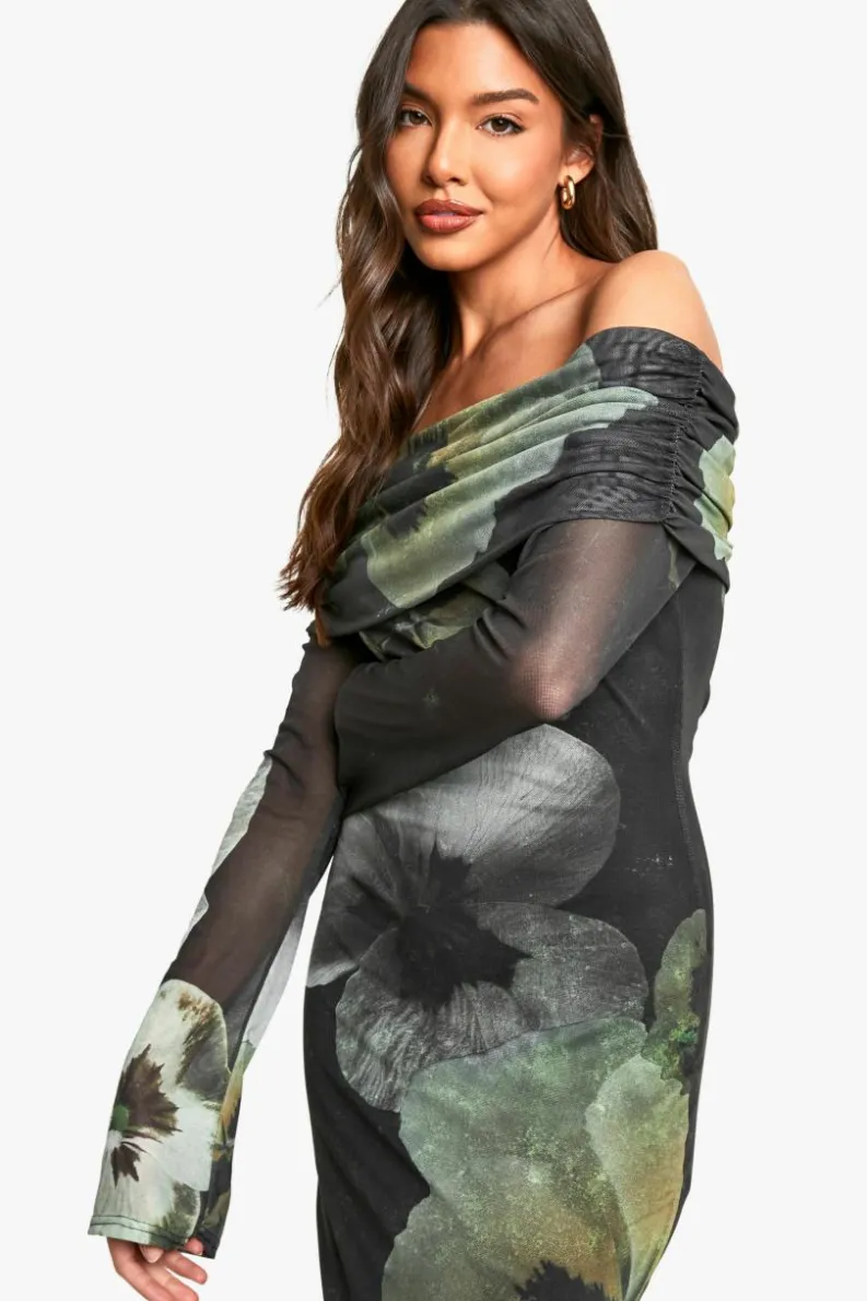 Maxi Dresses*boohoo Floral Bardot Mesh Maxi Dress green