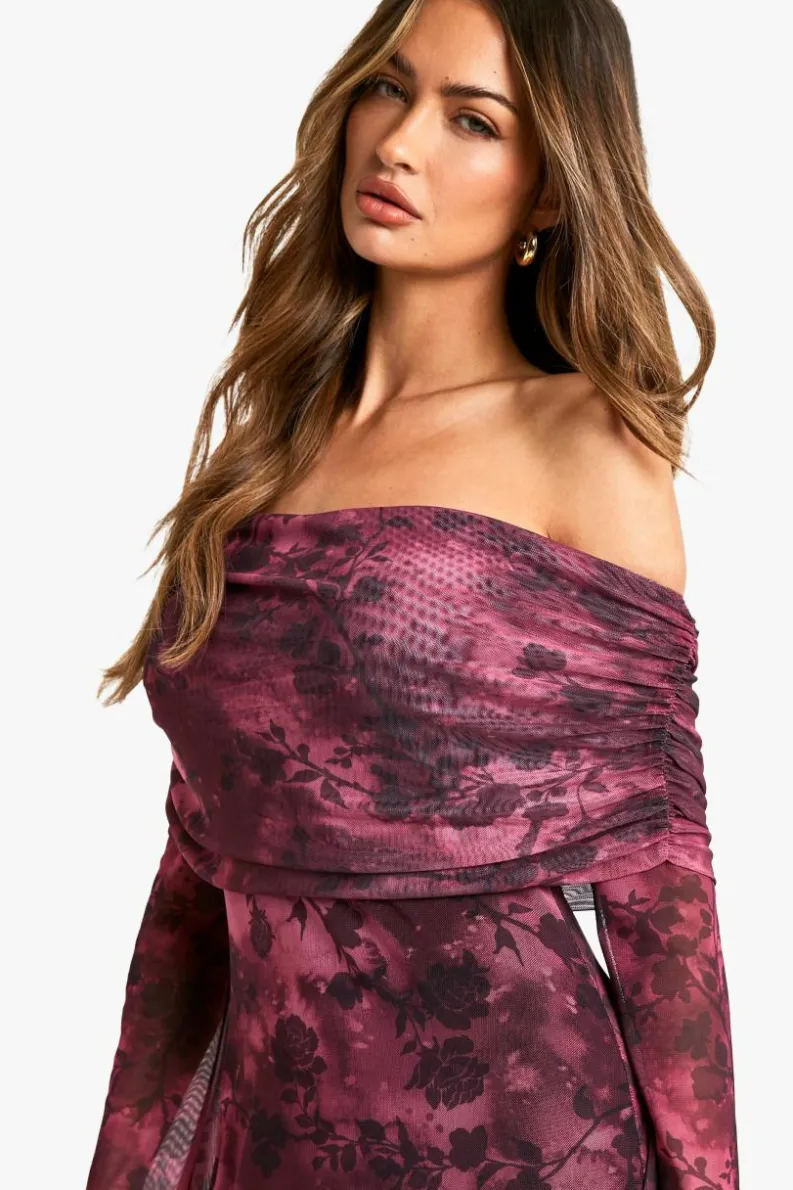 Maxi Dresses|Long Sleeve Dresses*boohoo Floral Bardot Mesh Maxi Dress plum