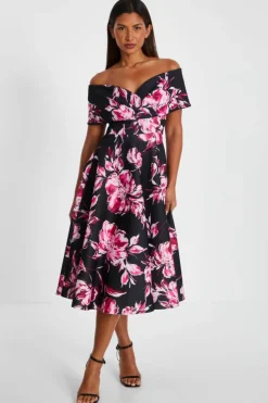 Midi Dresses*Quiz Floral Bardot Skater Midi Dress Black