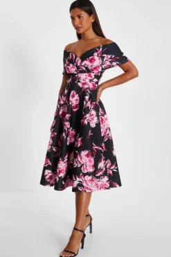 Midi Dresses*Quiz Floral Bardot Skater Midi Dress Black