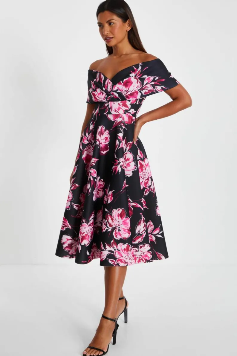 Midi Dresses*Quiz Floral Bardot Skater Midi Dress Black