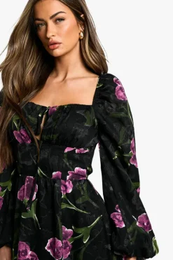Skater Dresses*boohoo Floral Burnout Milkmaid Maxi Dress black