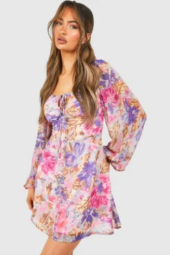 Skater Dresses*boohoo Floral Chiffon Balloon Sleeve Milkmaid Mini Dress multi