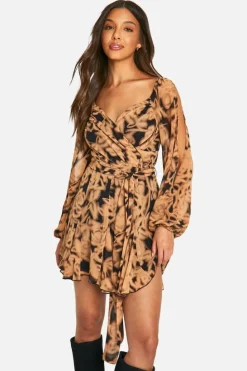 Wrap Dresses|Skater Dresses*boohoo Floral Chiffon Lace Back Puff Sleeve Wrap Skater Dress black