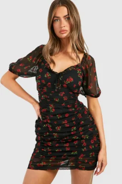 Mini Dresses*boohoo Floral Chiffon Ruched Mini Dress black