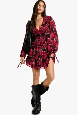 Skater Dresses|Mini Dresses*boohoo Floral Chiffon Ruched Waist Skater Dress black