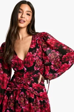 Skater Dresses|Mini Dresses*boohoo Floral Chiffon Ruched Waist Skater Dress black