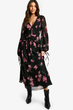 Skater Dresses*boohoo Floral Chiffon Ruched Waist Midaxi Dress black
