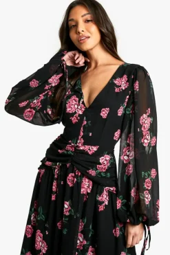 Skater Dresses*boohoo Floral Chiffon Ruched Waist Midaxi Dress black
