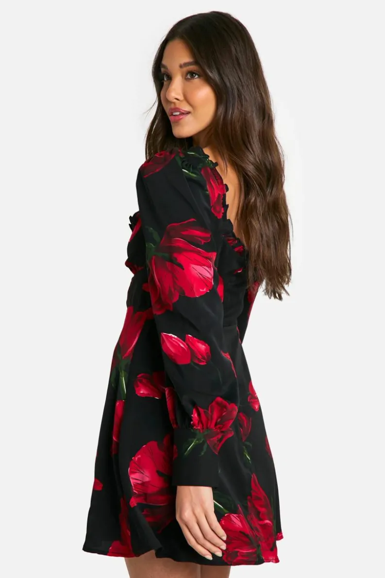 Skater Dresses|Mini Dresses*boohoo Floral Corset Milkmaid Mini Dress black