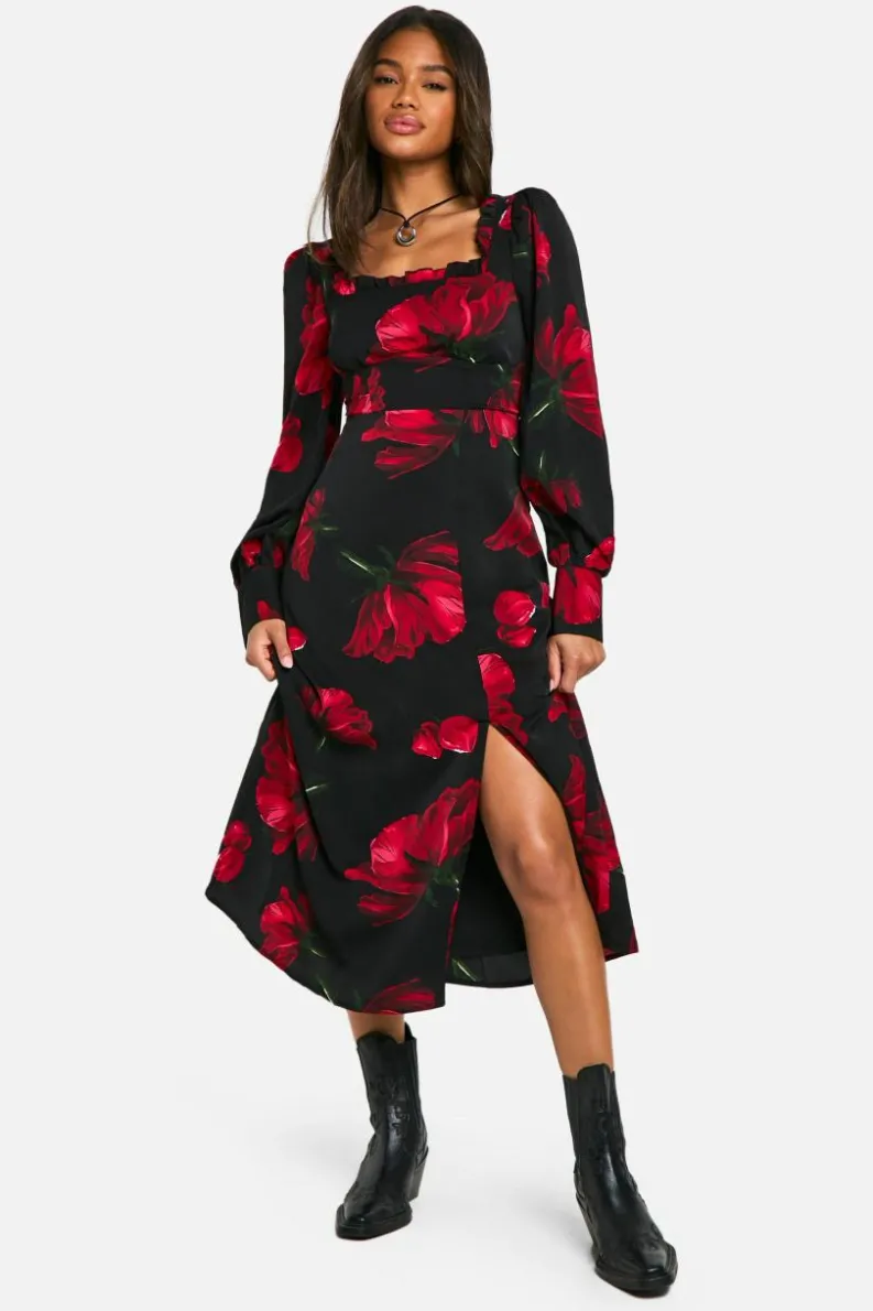 Skater Dresses|Mini Dresses*boohoo Floral Corset Milkmaid Midaxi Dress black