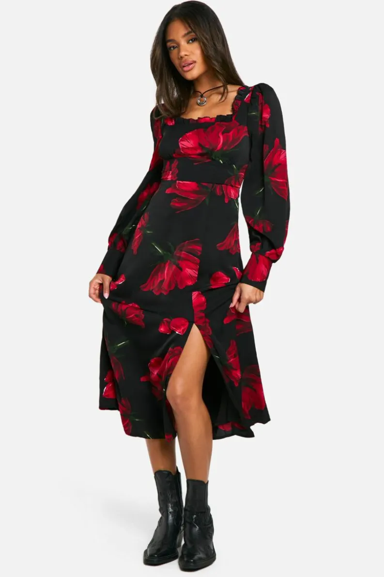 Skater Dresses|Mini Dresses*boohoo Floral Corset Milkmaid Midaxi Dress black
