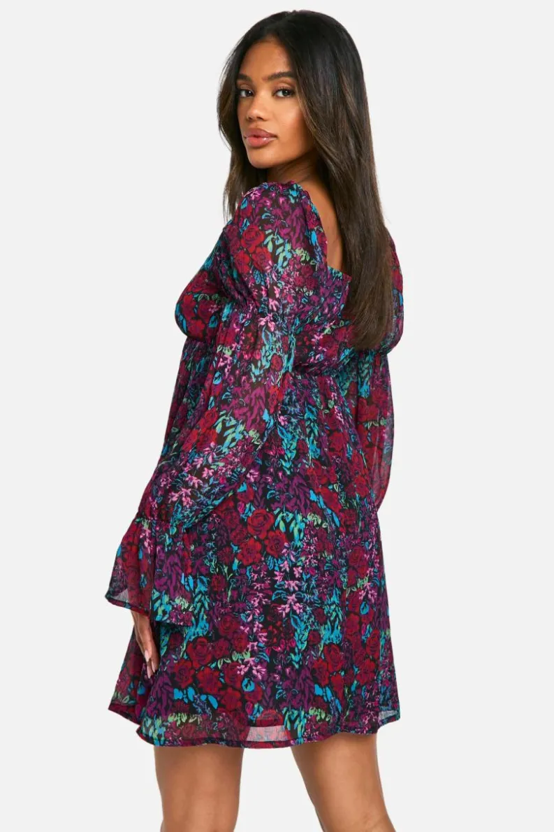 Smock Dresses*boohoo Floral Crinkle Chiffon Long Sleeve Smock Dress multi
