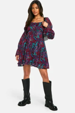 Smock Dresses*boohoo Floral Crinkle Chiffon Long Sleeve Smock Dress multi