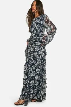 Maxi Dresses*boohoo Floral Crinkle Chiffon Ruffle Maxi Dress black