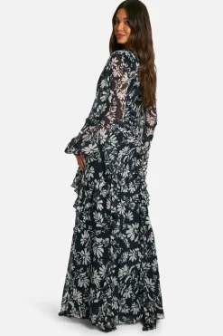 Maxi Dresses*boohoo Floral Crinkle Chiffon Ruffle Maxi Dress black