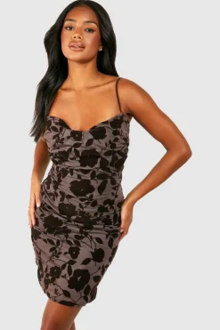 Cami Dresses*boohoo Floral Devore Cowl Mini Slip Dress chocolate