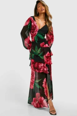 Maxi Dresses|Long Sleeve Dresses*boohoo Floral Dobby Floral Frill Maxi Dress black