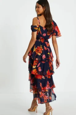 Midi Dresses*Quiz Floral Drop Shoulder Tiered Midi Dress Navy