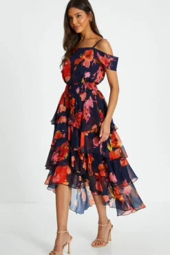 Midi Dresses*Quiz Floral Drop Shoulder Tiered Midi Dress Navy