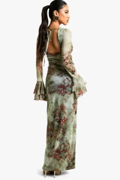 Maxi Dresses*boohoo Floral Flare Sleeve Backless Mesh Maxi Dress brown