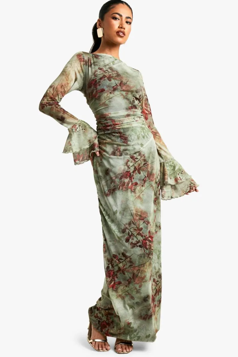 Maxi Dresses*boohoo Floral Flare Sleeve Backless Mesh Maxi Dress brown