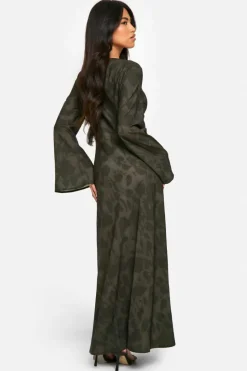 Maxi Dresses|Long Sleeve Dresses*boohoo Floral Flare Sleeve Maxi Dress khaki