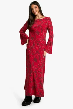 Maxi Dresses|Long Sleeve Dresses*boohoo Floral Flare Sleeve Maxi Dress wine