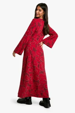 Maxi Dresses|Long Sleeve Dresses*boohoo Floral Flare Sleeve Maxi Dress wine