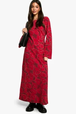 Maxi Dresses|Long Sleeve Dresses*boohoo Floral Flare Sleeve Maxi Dress wine