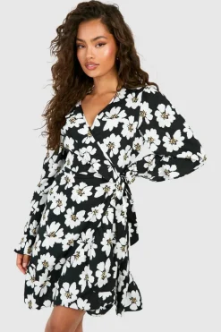 Wrap Dresses*boohoo Floral Frill Wrap Dress black