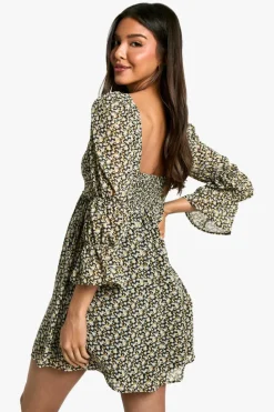 Skater Dresses|Mini Dresses*boohoo Floral Gathered Puff Sleeve Smock Dress black