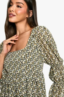 Skater Dresses|Mini Dresses*boohoo Floral Gathered Puff Sleeve Smock Dress black