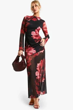 Skater Dresses*boohoo Floral Godet Seam Maxi Dress wine