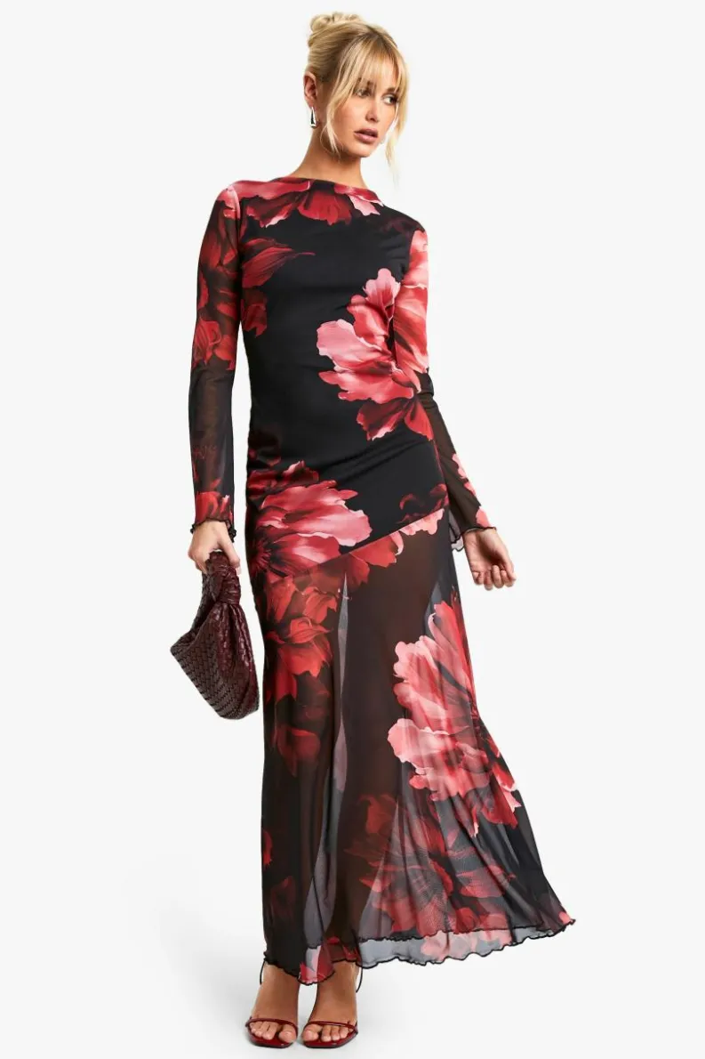 Skater Dresses*boohoo Floral Godet Seam Maxi Dress wine